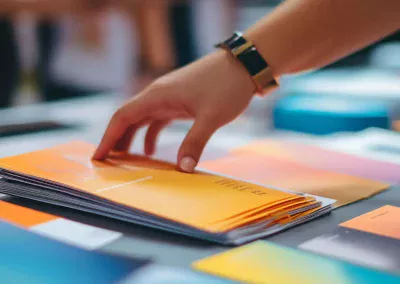 hand touching a stack of orange brochures